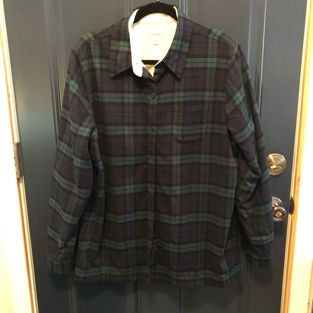 L.L. Bean Women Size Large Shacket Fleece Lined Flannel Shirt Green Blue Plaid